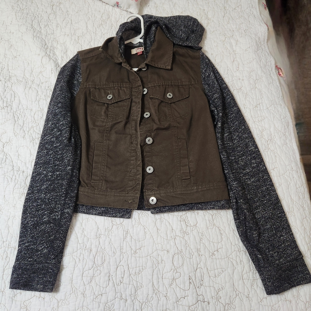 LEI Olive/Brown and Gray Jean Jacket with Hood
